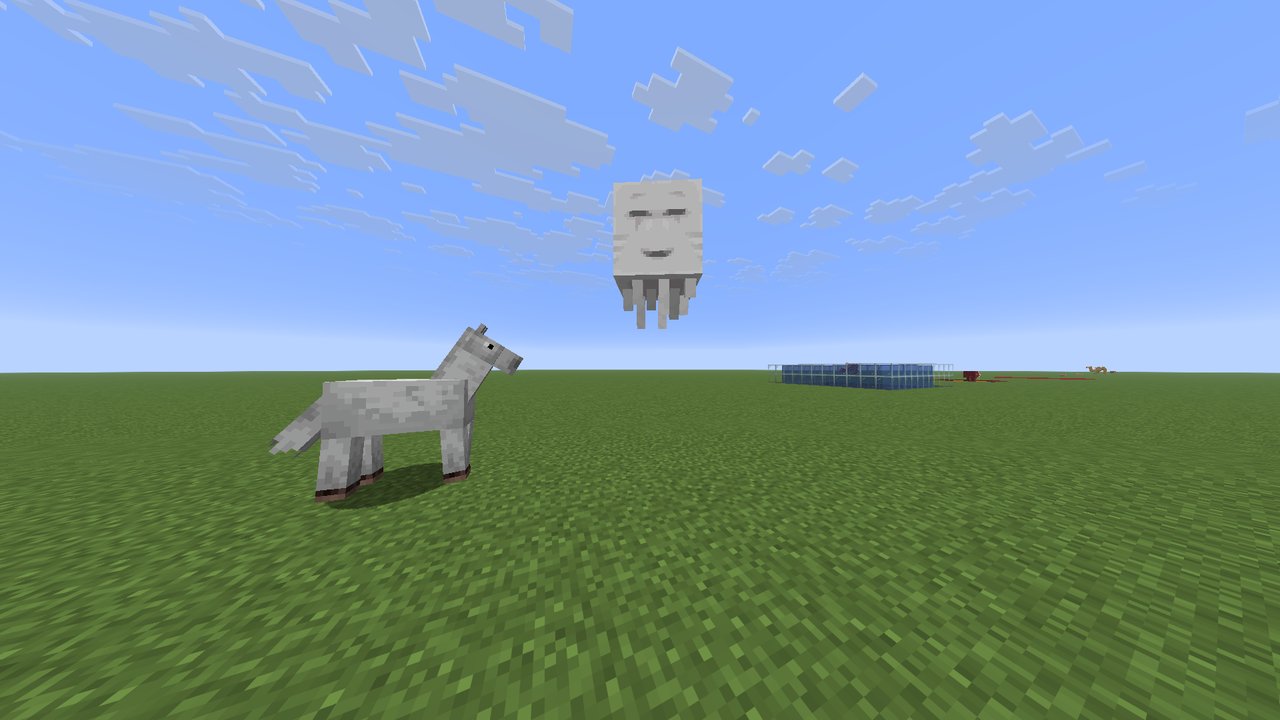A happy ghast hovering above its owner.