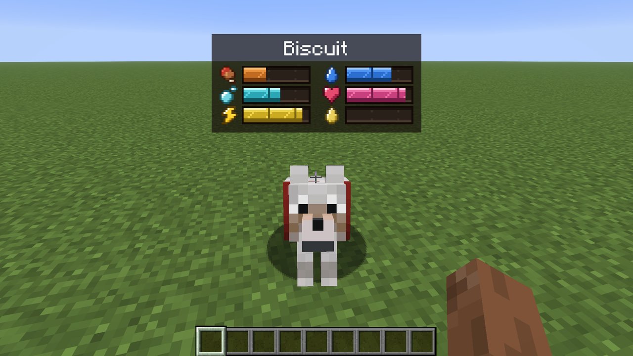 A status panel floating above a dog